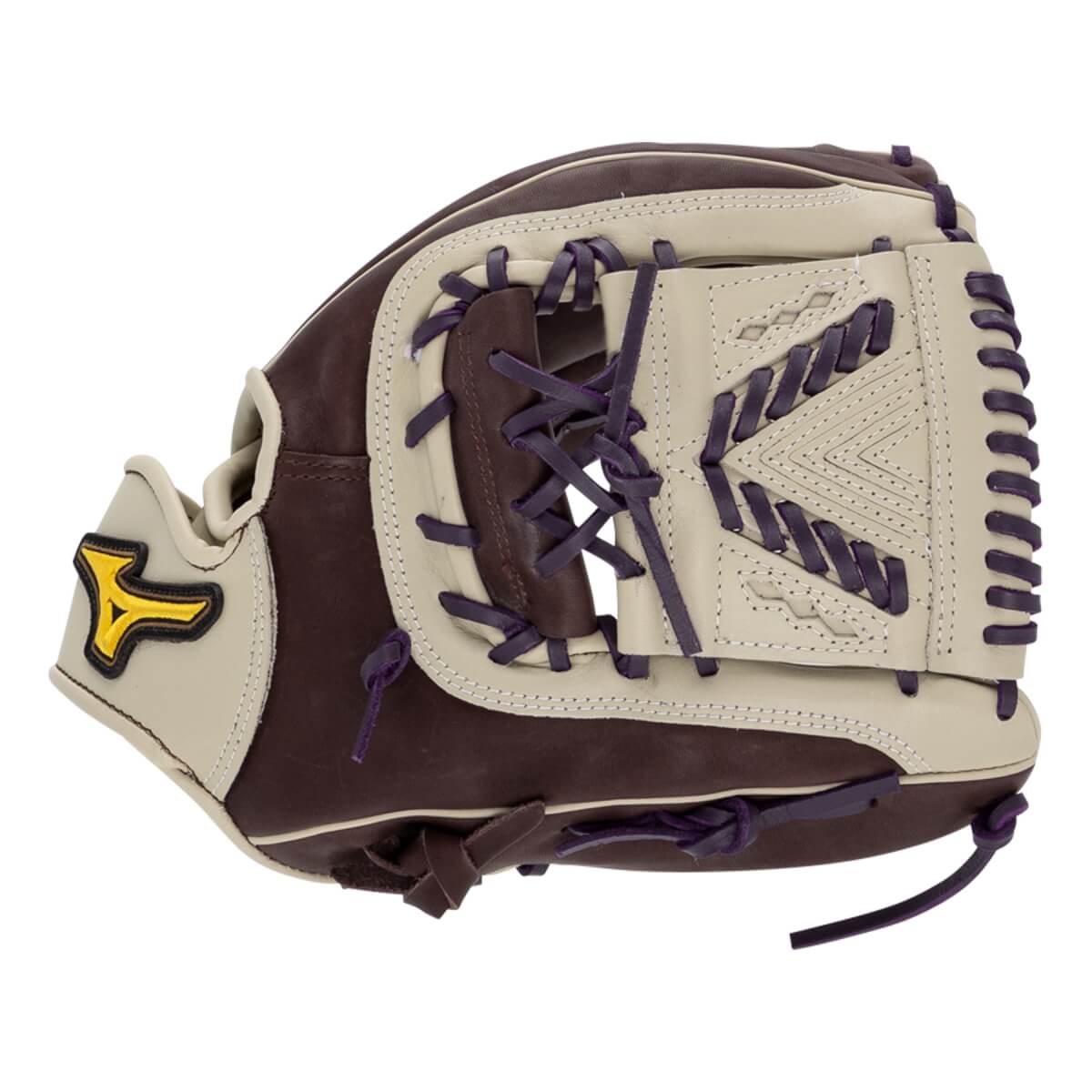 Side view of a brown and tan softball glove with purple lacing and a yellow Mizuno logo.