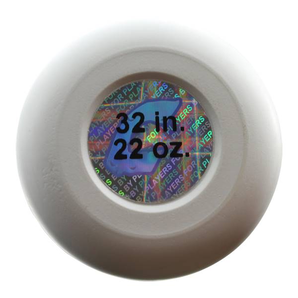 Bottom view of a white baseball bat with a holographic sticker showing 32 in. 22 oz.