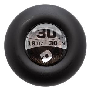 Top-down view of a black baseball bat end cap with 30, 19 OZ, 30 IN, and a white D logo.