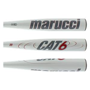 Side view of a white baseball bat with marucci and CAT 6 branding.