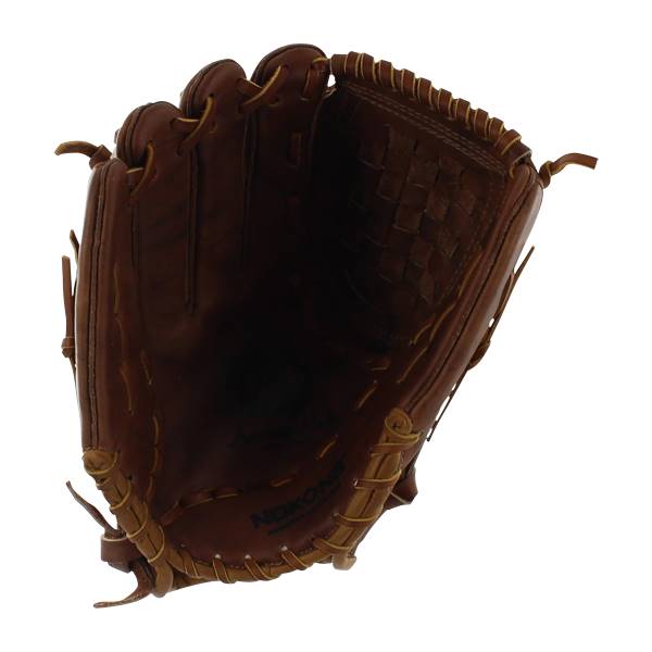 Interior view of a brown Nokona glove with a woven pocket and visible branding.