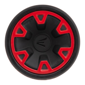 Top-down view of a black baseball bat end cap with red accents and the Easton logo.