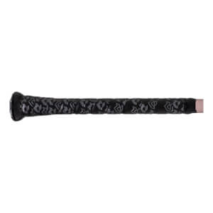 Side view of a black baseball bat handle with a grey DeMarini patterned grip, black knob, and rose gold barrel.