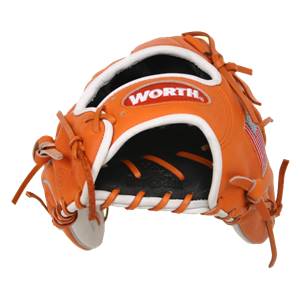 Front view of an orange baseball glove with WORTH logo and American flag detail.