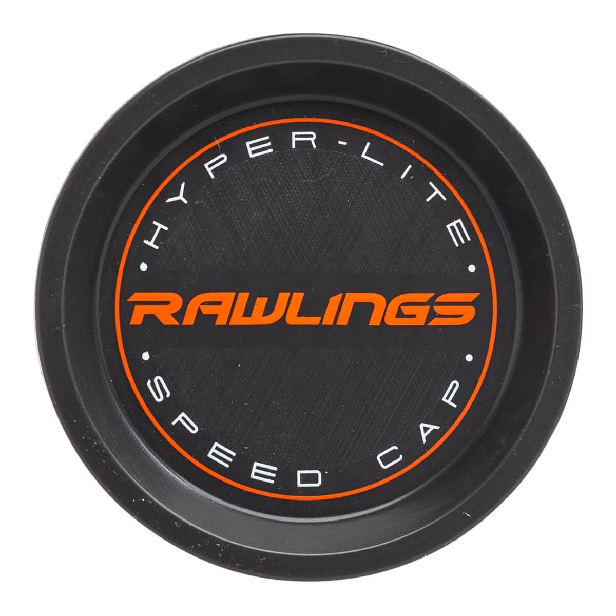 Top-down view of a black baseball bat end cap with orange Rawlings logo, HYPER-LITE, and SPEED CAP text.