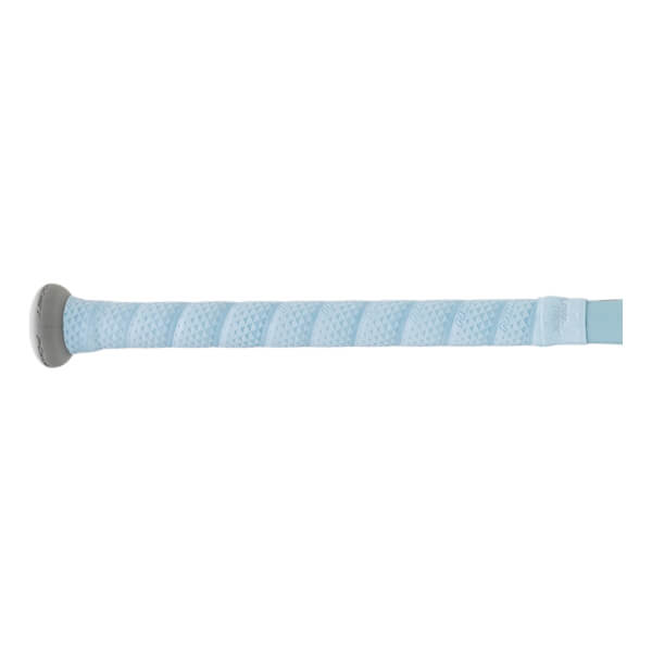 Close-up of a light blue bat grip with a textured diamond pattern, spirally wrapped around the handle, ending in a dark gray knob.