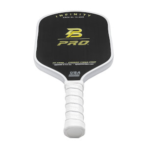 Front view of a black pickleball paddle with white grip, gold B PRO logo, and INFINITY ARCH XL 16.0MM text.