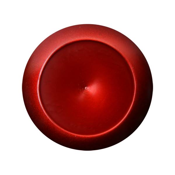 Top-down view of a red baseball bat end with a concave center and metallic finish.
