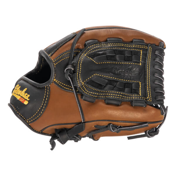 Side view of a brown and black baseball glove with yellow stitching and Shoeless Joe branding.