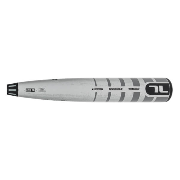 Side view of a silver baseball bat barrel featuring dark grey vertical stripes, the stylized Tucci logo, and text including TX3 ALLOY and BBCOR .50.