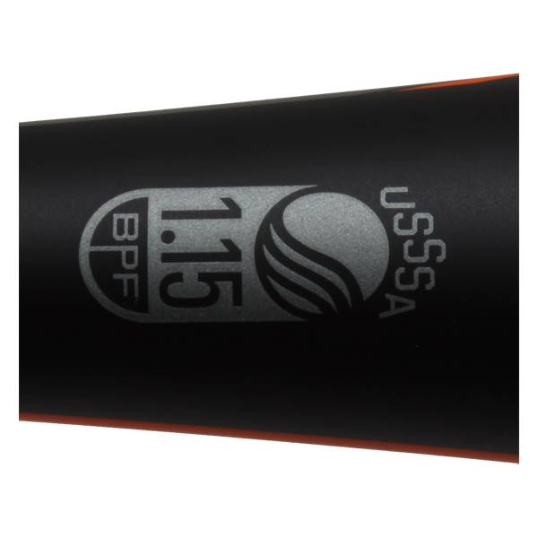 Close-up of a black baseball bat with BPF 1.15 and USSSA logos.