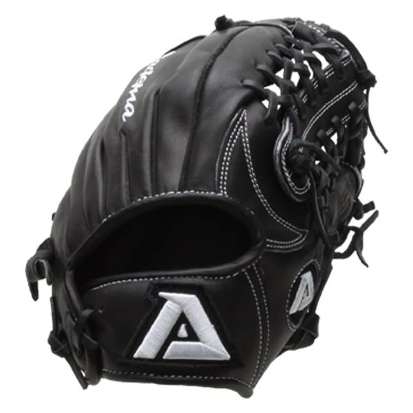 Corner view of a black baseball glove with white stitching and a large white A logo.