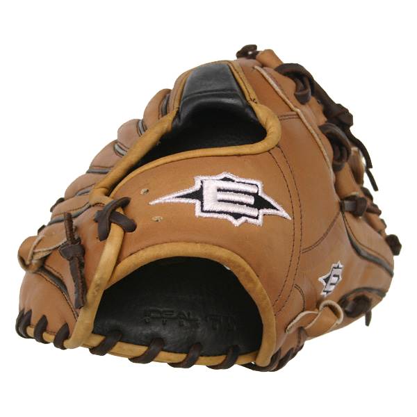 Corner view of a tan baseball glove with white Easton logos and dark brown lacing.
