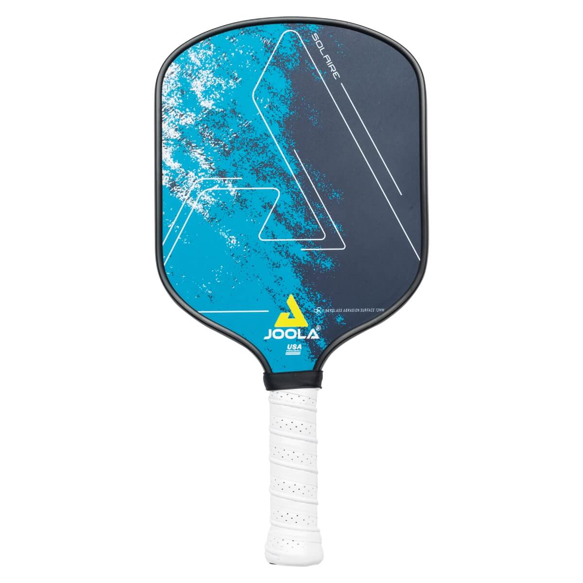 Front view of a blue and black pickleball paddle with a white grip and JOOLA branding.