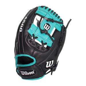 Front view of a black baseball glove with teal accents, A500 text, and Wilson branding.