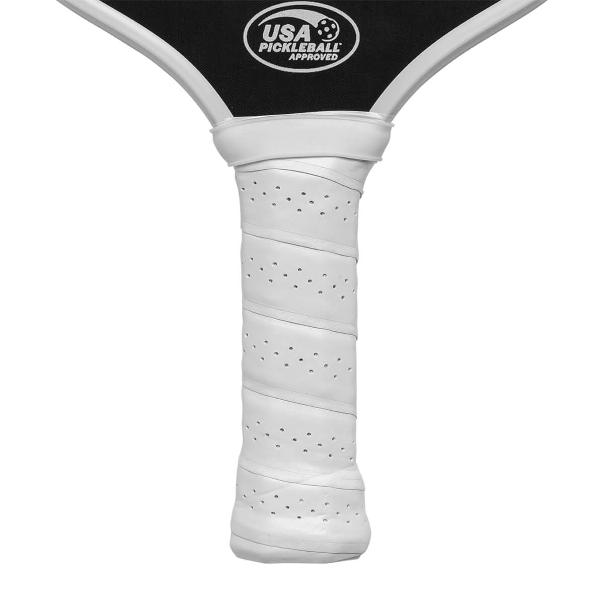 Close-up of a white pickleball paddle grip with perforations and a USA Pickleball Approved logo.