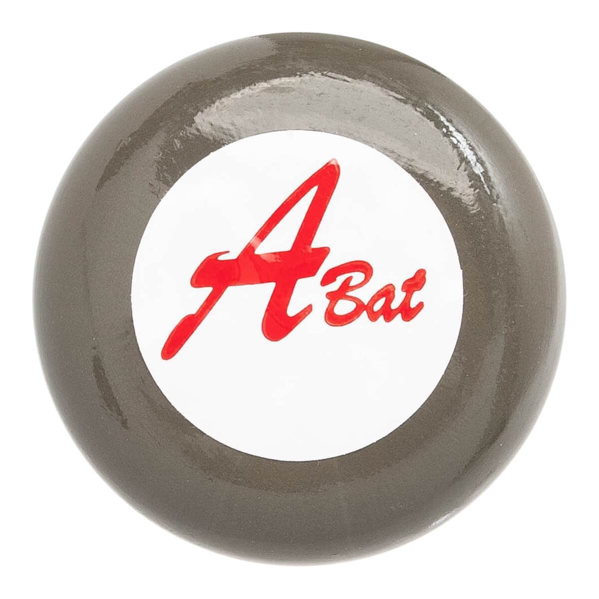Top-down view of a gray baseball bat with a white circular logo featuring red A Bat text.