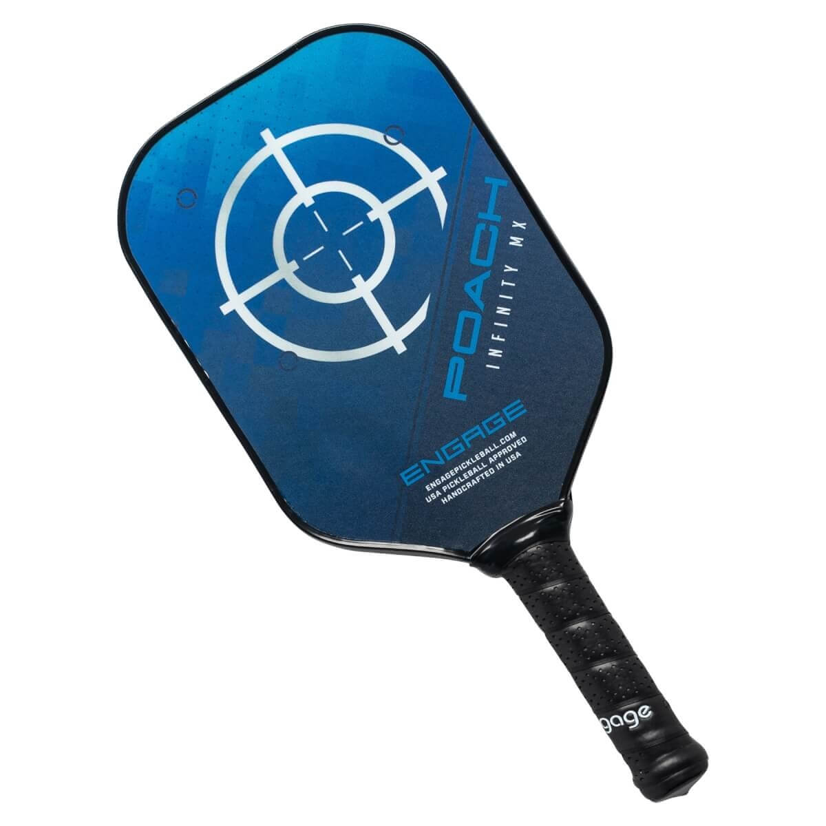 Top-down view of a blue pickleball paddle with a target design, POACH INFINITY MX text, and ENGAGE logo.
