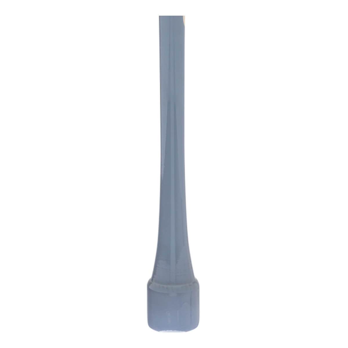 Close-up of a light grey baseball bat with a flared handle and a cylindrical knob.