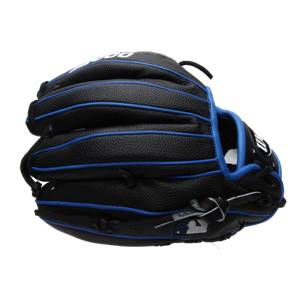 Top-down view of a black baseball glove with blue lacing and a white Wilson logo.