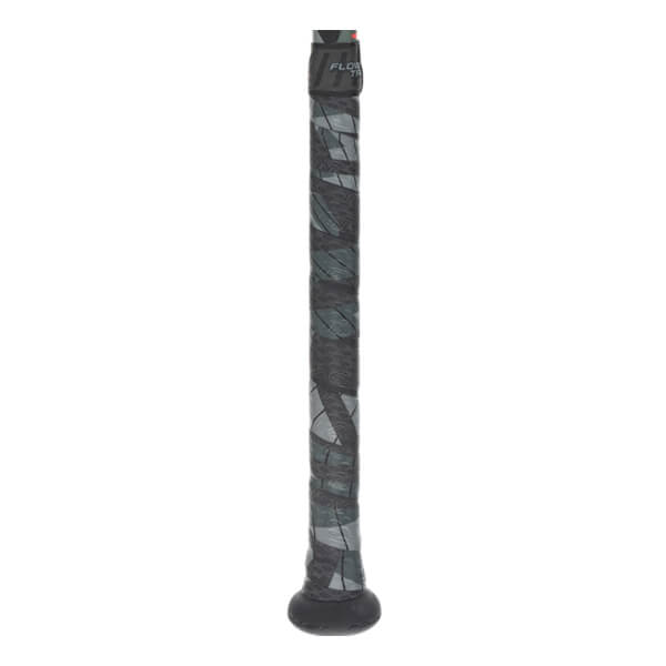 Close-up of a dark gray baseball bat grip with a geometric pattern, a black knob, and FLOW text.