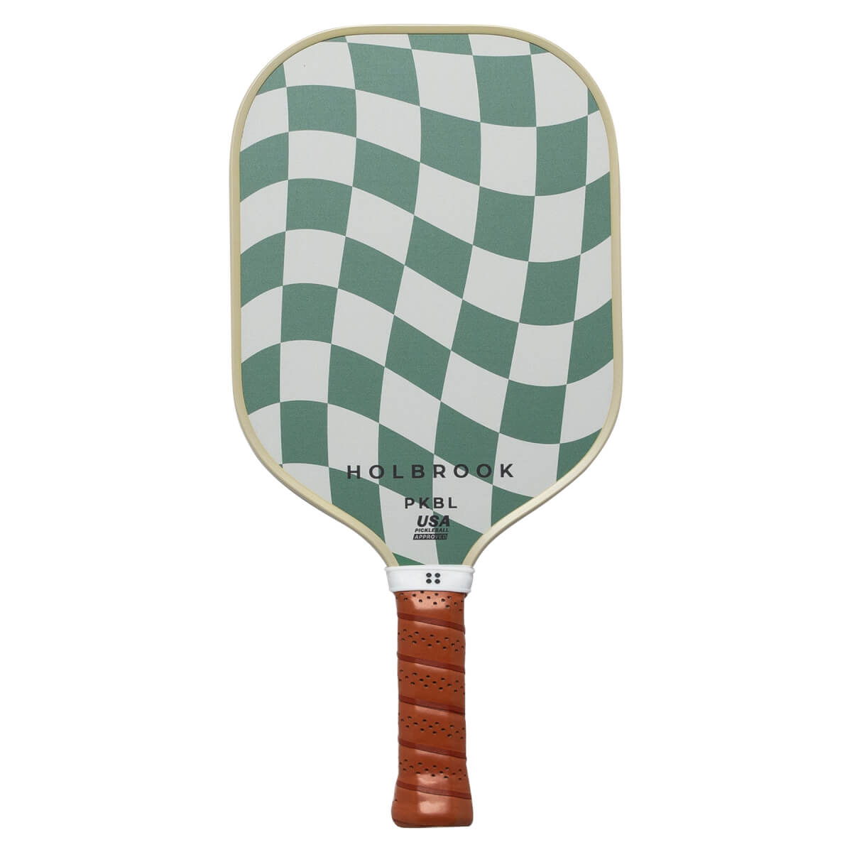 Front view of a pickleball paddle with a green and white checkered pattern, HOLBROOK PKBL USA text, and a brown grip.