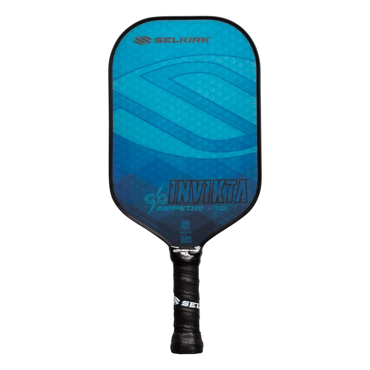 Front view of a blue pickleball paddle with INV IKTA and AMPED PRO text.