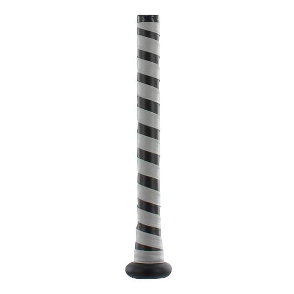Close-up of a black baseball bat handle with white grip tape in a diagonal stripe pattern.