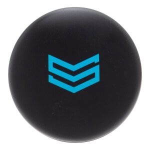 End view of a black baseball bat with a blue chevron logo.