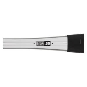 Side view of a silver baseball bat with black grip and BBCOR CERTIFIED .50 markings.