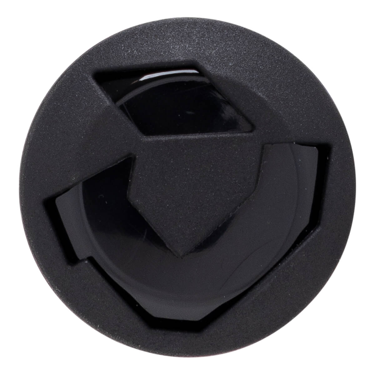 Top-down view of a circular black cap featuring a matte textured outer rim and a stylized geometric shield logo in the center against a glossy background.