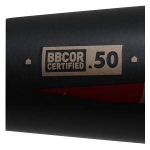 Close-up of a black baseball bat with BBCOR CERTIFIED .50 marking.