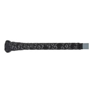 Side view of a black baseball bat with a patterned grip and a gray end cap.