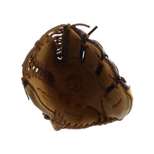 Top-down view of a tan baseball glove with Nokona branding and an American Made logo.