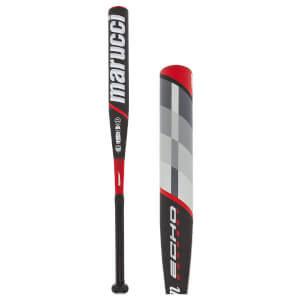 Side view of a black and red Marucci ECHO Connect softball bat with checkered pattern and white marucci text.