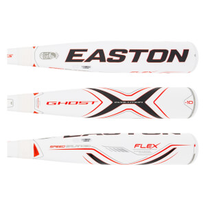 Three views of a white Easton Ghost X Evolution baseball bat with red and black accents.