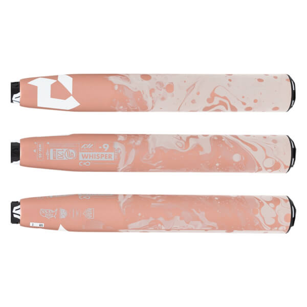 Multiple views of a pink and white marbled fastpitch softball bat with a white DeMarini logo and WHISPER text.