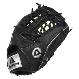 Side view of a black baseball glove with white stitching, a silver A logo, and Akadema Professional text.