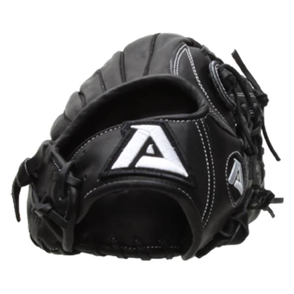 Side view of a black baseball glove with white stitching and a large white A logo.