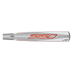 Side view of a silver baseball bat with red 5150 ALLOY text and a Rawlings logo.