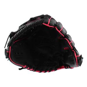 Side view of a black fastpitch glove with pink stitching and lacing.