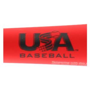 Close-up of a red baseball bat with black USA Baseball logo and text.