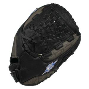 Side view of a black fastpitch glove with a woven web, Synergy Fastpitch text, and a blue lightning bolt logo.