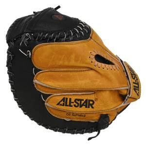 Side view of a tan and black catchers mitt with ALL-STAR branding and Oil Softened text.