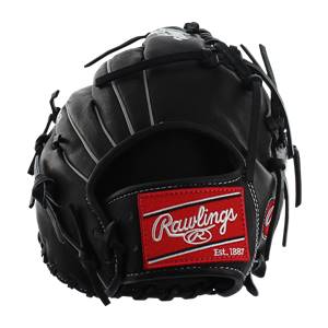 Front view of a black Rawlings baseball glove with a red patch and white stitching.
