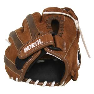 Front view of a brown baseball glove with WORTH branding and white lacing.