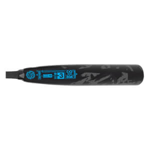 Side view of a black baseball bat with blue ZOA branding and a camouflage pattern.