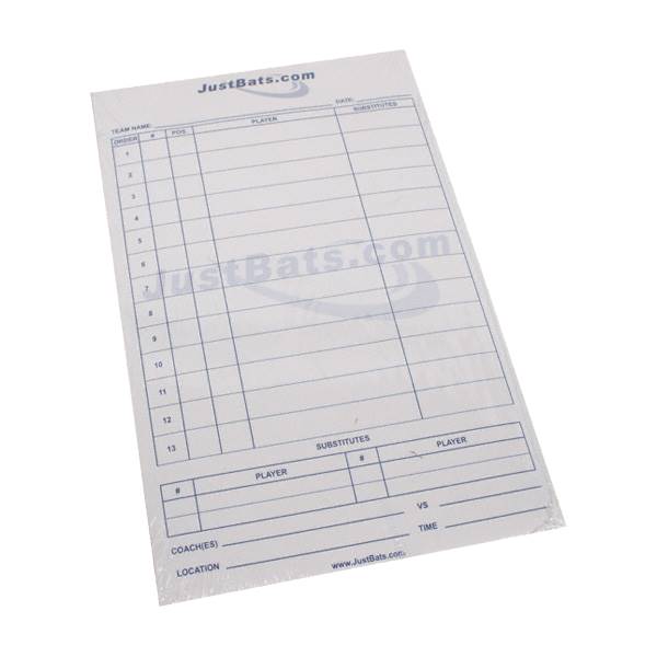 Top-down view of a white score sheet with blue grid lines, JustBats.com logo, and player/substitute sections.
