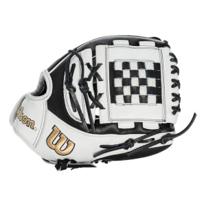 Back view of a black and white softball glove featuring a checkered web pattern and gold Wilson "W" logo and text.