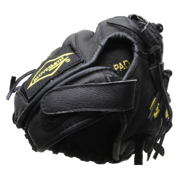 Side view of a black baseball glove with yellow GLOVESMITH and PAD text.